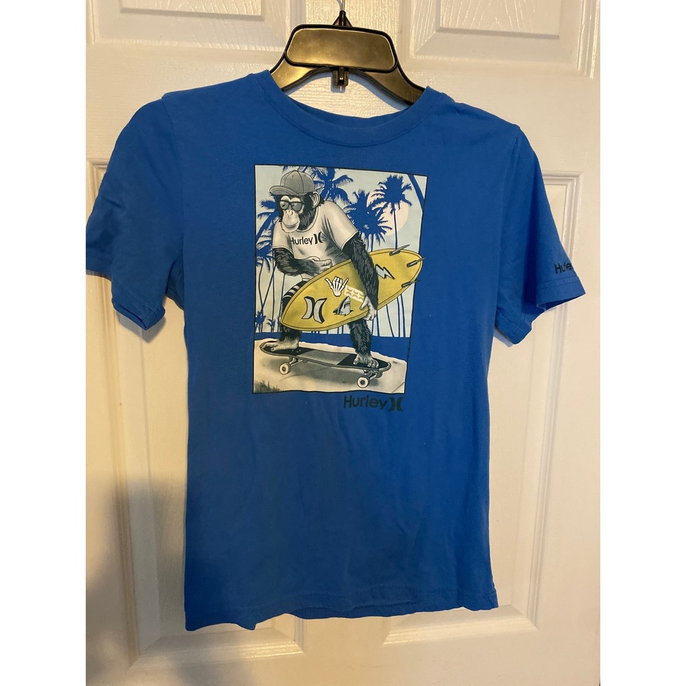 Hurley Boys Blue Surfing Monkey Graphic T-Shirt Size Large 12-13 Yrs